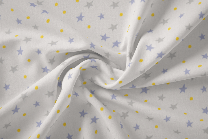 Baumwolle Poplin Sterne Punkte // lila grau gelb auf hellblau