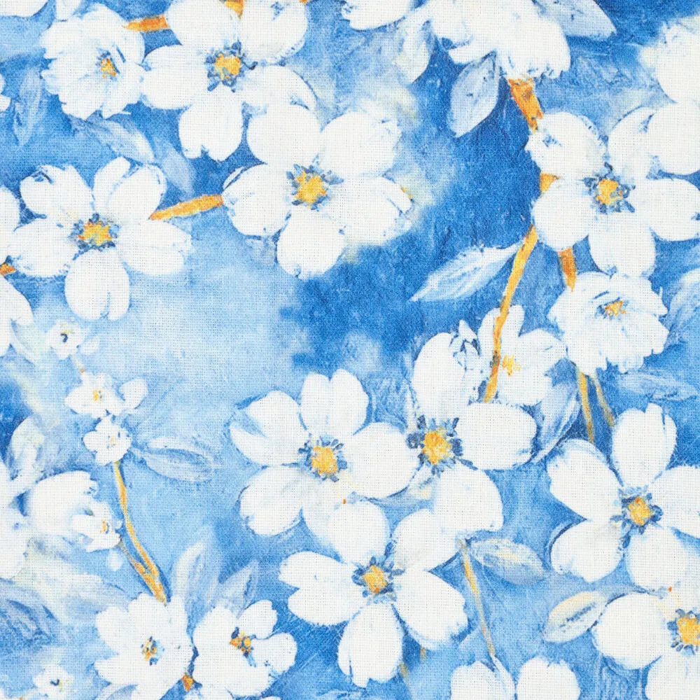 Viskose-Leinen Digitaldruck Pretty Bloom Gänseblümchen // blau