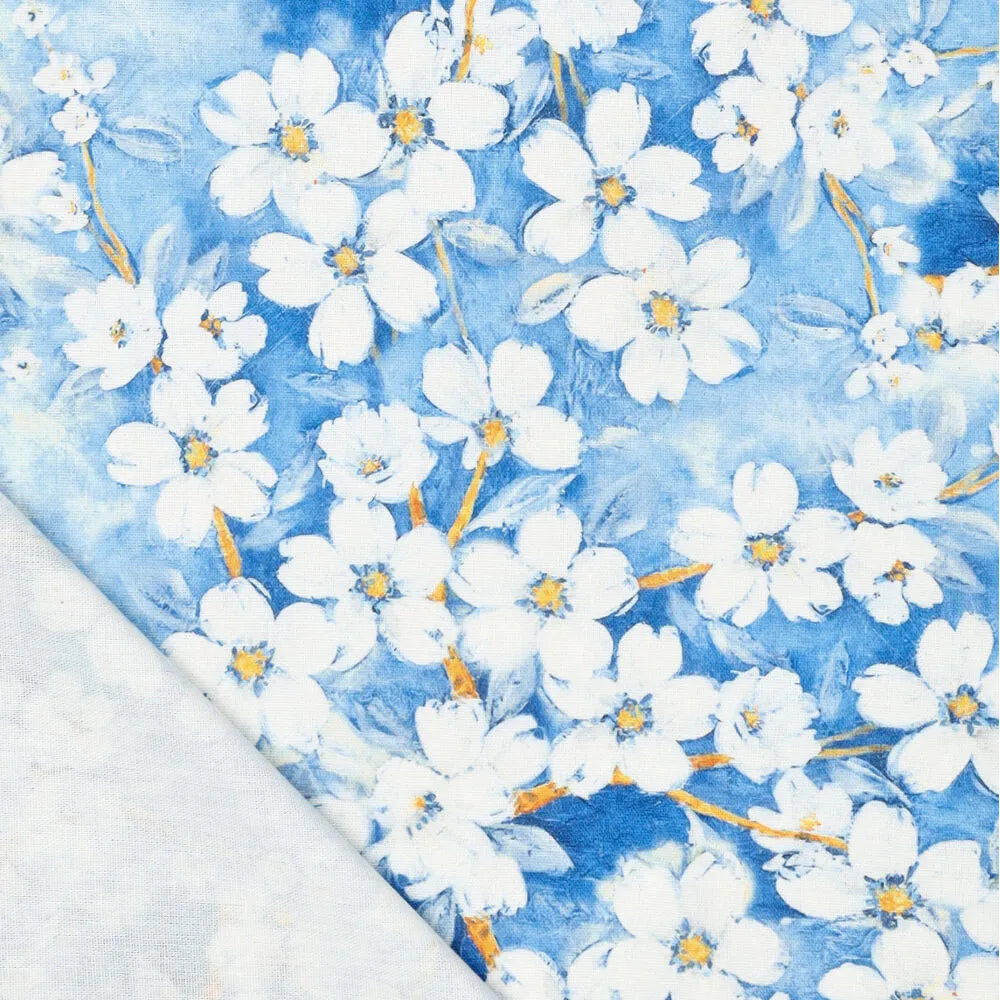 Viskose-Leinen Digitaldruck Pretty Bloom Gänseblümchen // blau