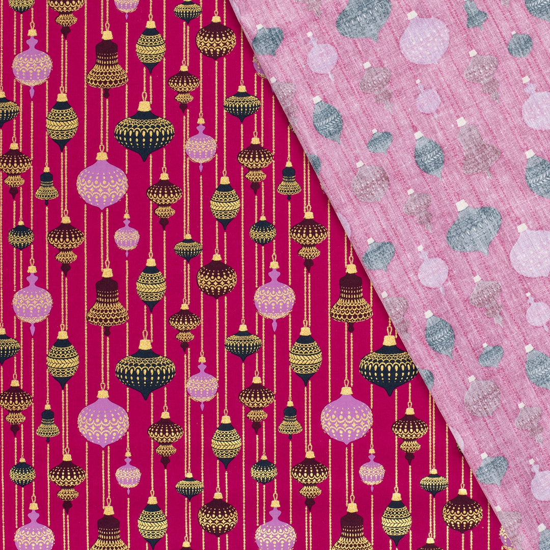 Baumwolle Poplin Foliendruck XMAS Weihnachtskugeln  // magenta