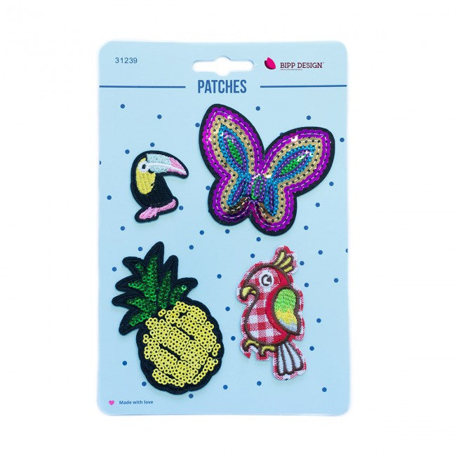 Applikationen Patches 4er-Set Aufbügeln // Tukan Schmetterling Ananas Papagei