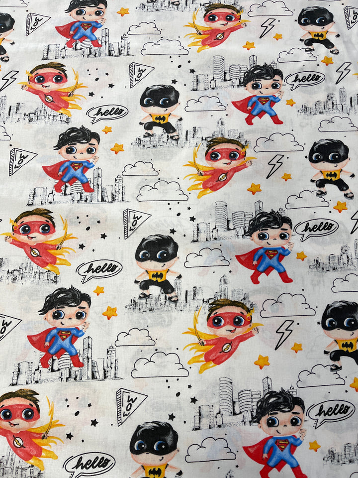 Baumwolle Kleine Superhelden Batman Superman Flash // schwarz gelb blau rot grau auf off-white