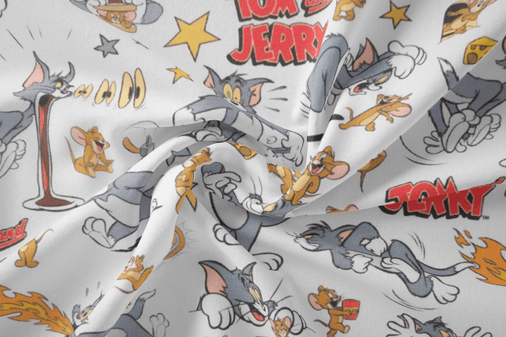 Baumwolle Poplin Digitaldruck Tom and Jerry™ // hellblau rot gelb braun grau hellgrau schwarz auf weiß