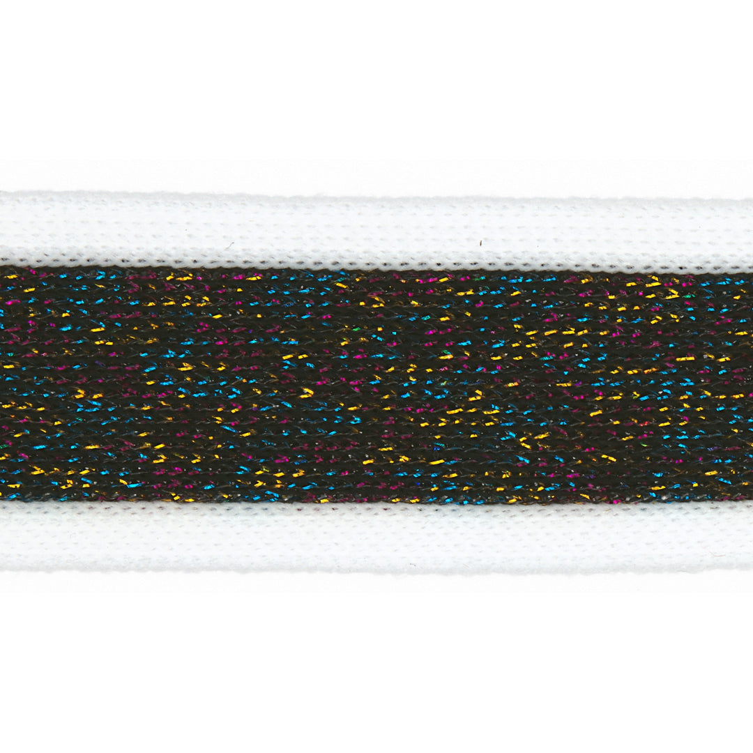 Glitzerband Streifen 30 mm // weiß multicolor - metallisiert